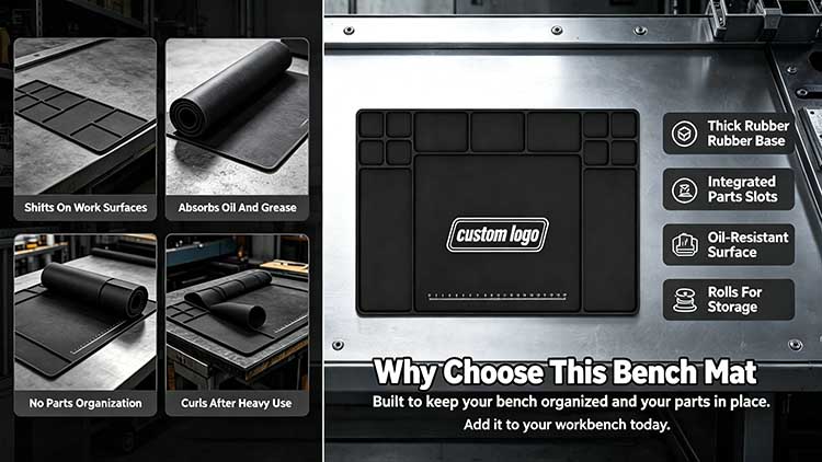 Comparison showing a thin generic mat versus a heavy-duty 6mm custom bench mat with compartment slots.