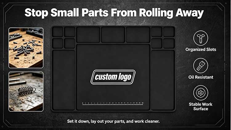 Heavy-duty custom rubber bench mat with storage slots and ruler preventing parts from rolling away.