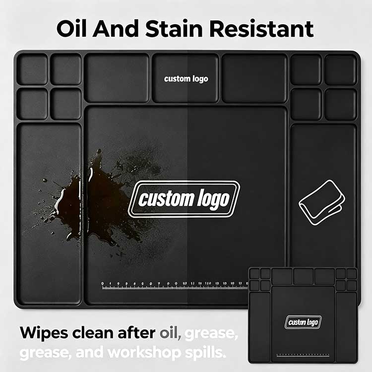 Heavy-duty oil resistant rubber bench mat repelling grease and oil, easily wiped clean for maintenance.
