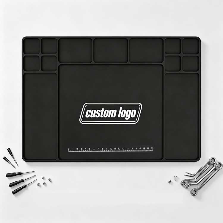 Heavy-duty black rubber bench mat with 0-20cm ruler and precision tool slots, customizable with your own logo.