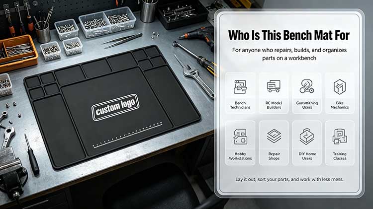 Target audience for custom bench mat including technicians, gunsmiths, RC builders, and bike mechanics.