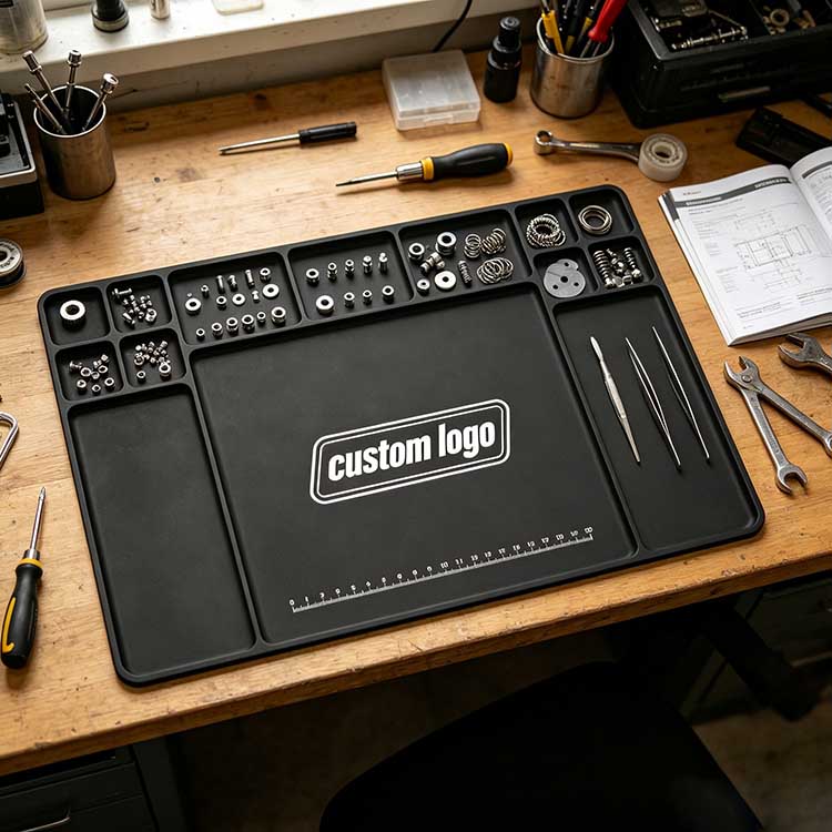 Custom bench mat placed on a workshop table showing organized springs, screws, and tools in deep storage slots.