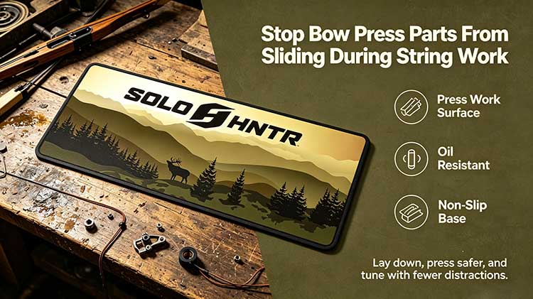 Commercial-grade bow press mat with heavy-duty non-slip rubber base for string changes.