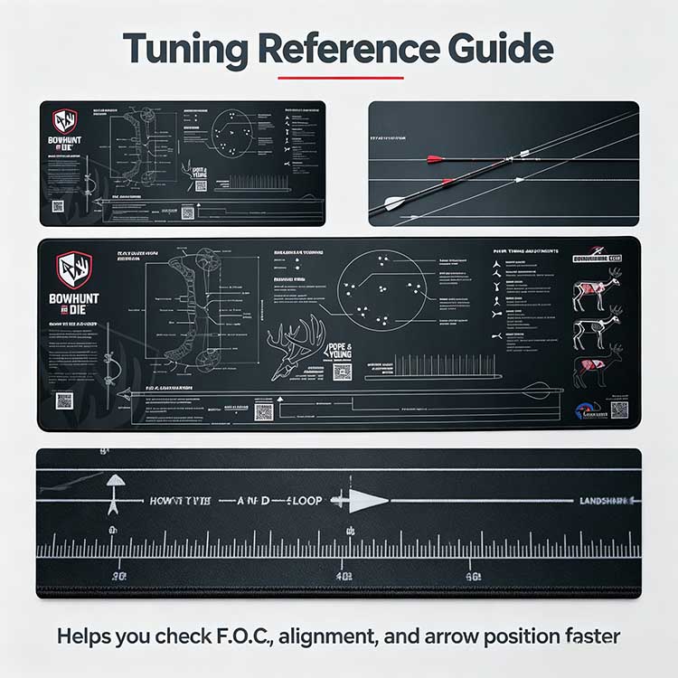 Bowhunting mat with F.O.C. calculator and tuning guide for hunters.