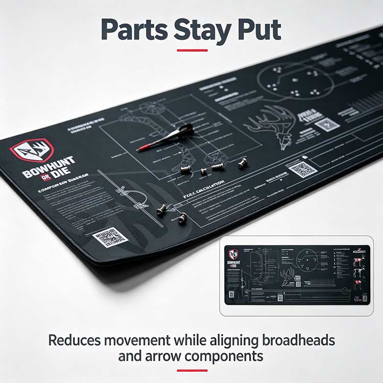 Non-slip bowhunting mat holding broadheads and arrows securely.