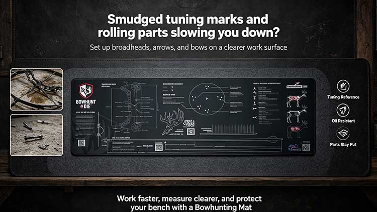Precision non-slip bowhunting mat with F.O.C. calculator and tuning charts for hunting prep.