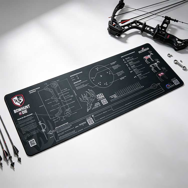Bowhunting mat with whitetail anatomy diagrams for shot planning.