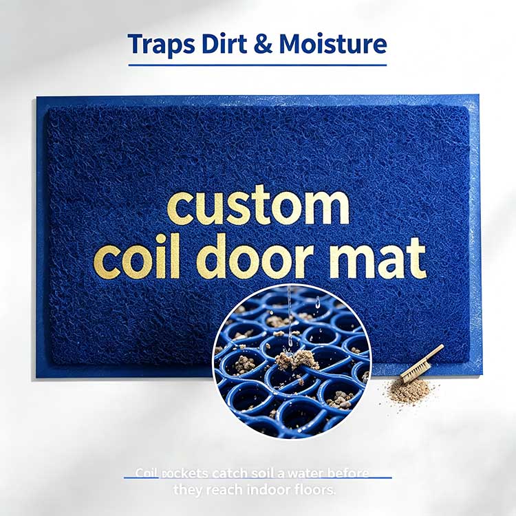 Coil door mat close-up showing coil pockets trapping dirt and water at entrance