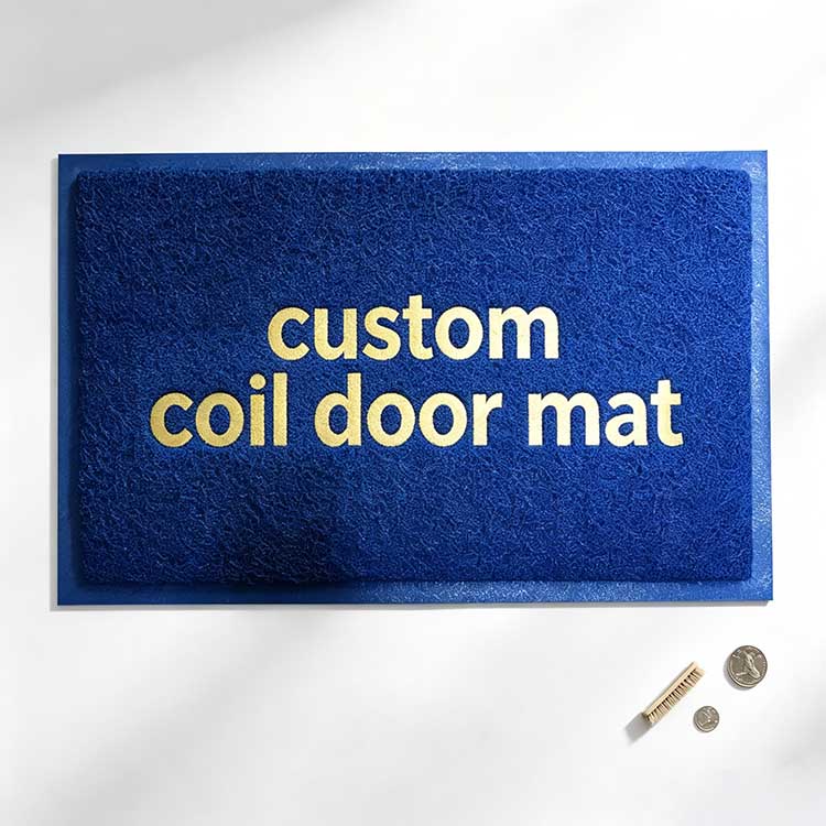 Heavy-duty coil door mat with PVC drainage loop design and custom printed logo for commercial entrances