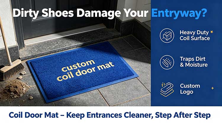 Coil door mat hero banner showing dirty shoes damaging an entryway