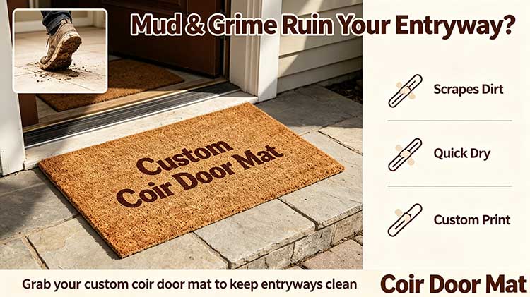Coir door mat stopping mud and grime at entryway with shoes and dirt