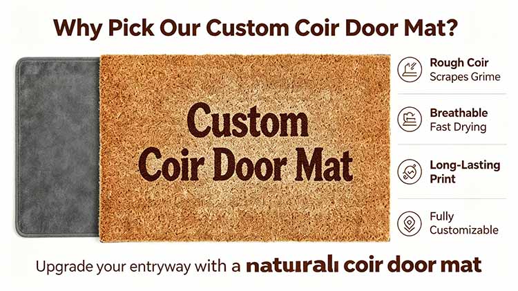Custom coir door mat with rough coir breathable drying and long-lasting print for entryways