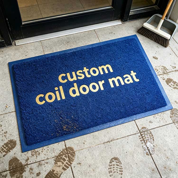 Custom blue coil door mat with printed logo at commercial entrance