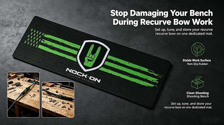 Heavy-duty non-slip recurve bow mat with oversized 44-inch surface for shooting bench.