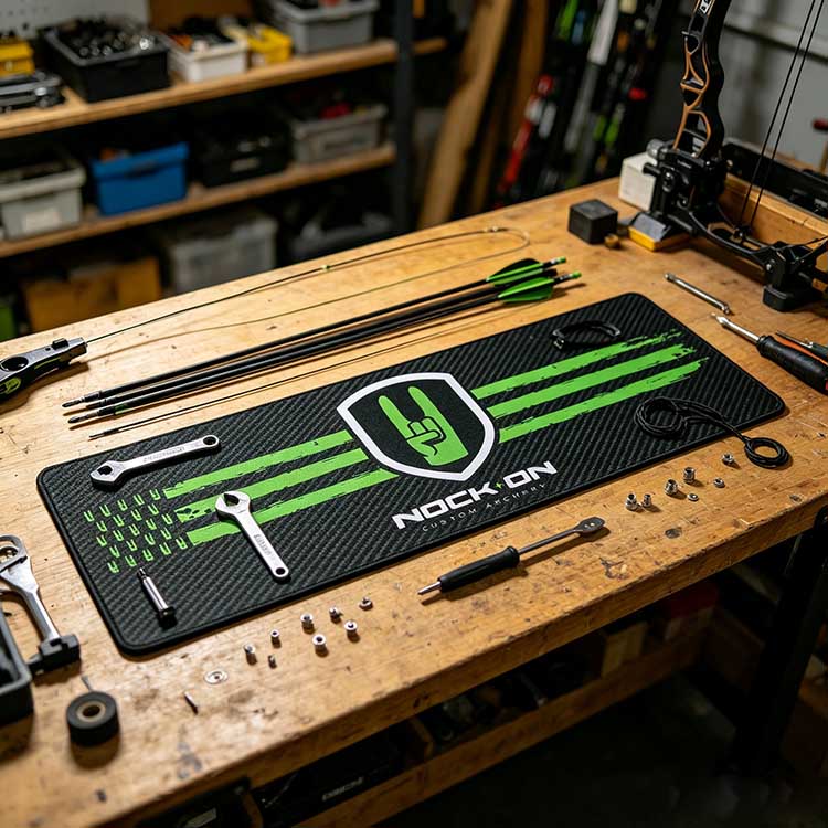 Thick 0.25 inch rubber base recurve bow mat for bench protection.