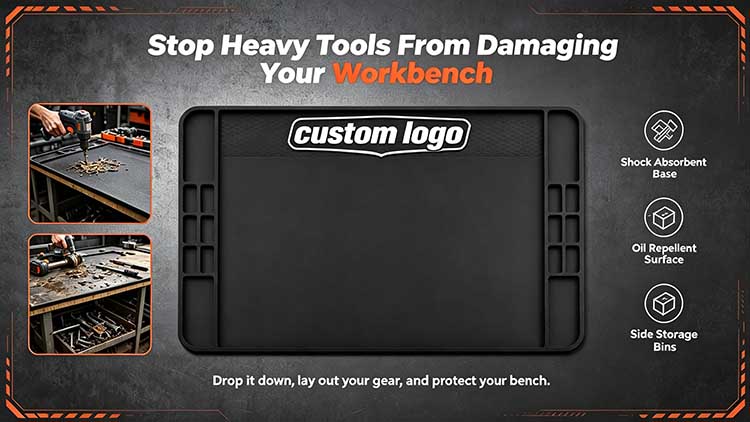 10mm heavy-duty rubber workbench mat with side storage bins protecting surfaces from heavy tools and oil.