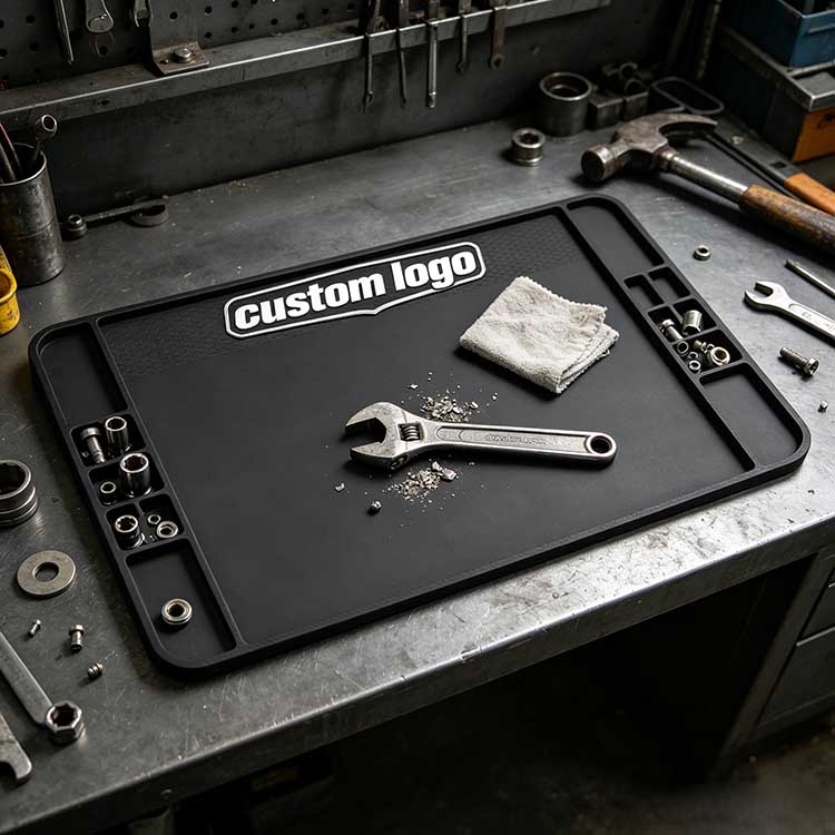 Close-up view of a 10mm thick workbench mat showing its heavy-duty industrial rubber construction.
