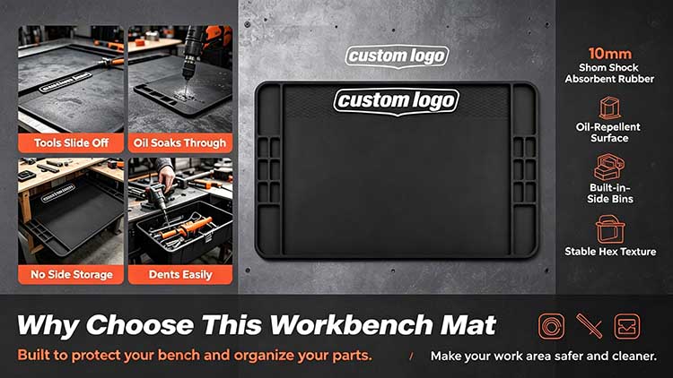 Comparison graphic showing a thin 3mm mat versus a heavy 10mm workbench mat with integrated bins.