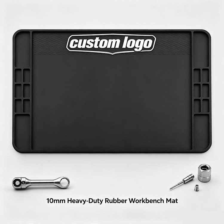 Workbench mat featuring hex-pattern grip surface and deep side storage bins for organizing workshop tools.