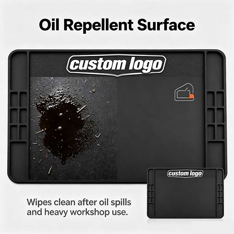 Workbench mat with oil repellent surface being wiped clean after heavy workshop spills.
