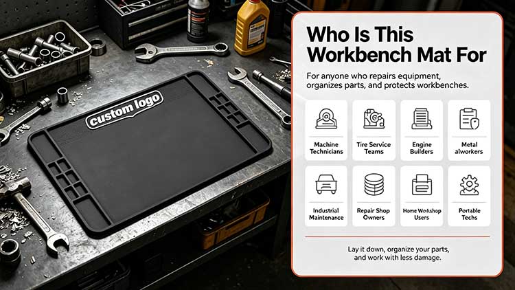 Heavy-duty workbench mat targeting mechanics, industrial technicians, and mobile field repairs.