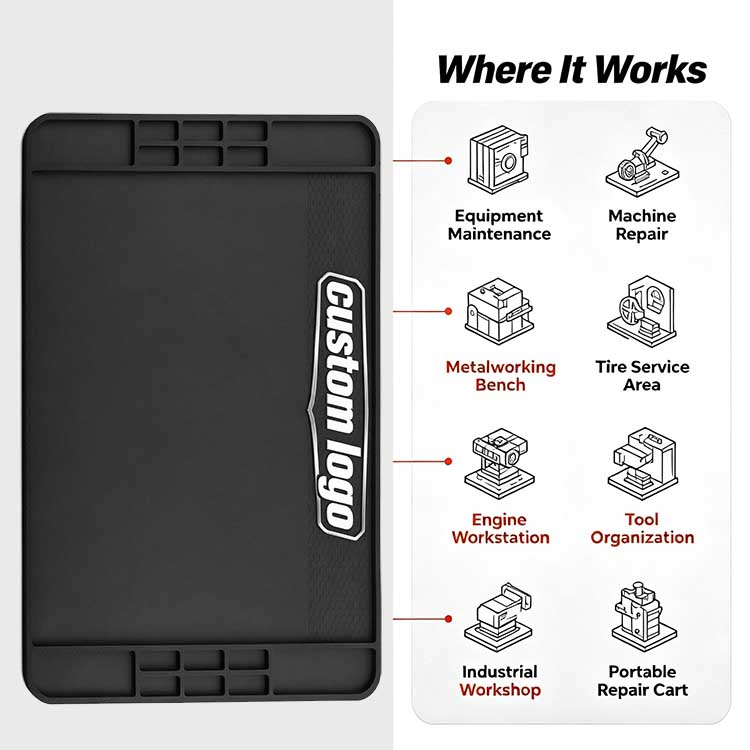 Versatile heavy-duty workbench mat shown in equipment maintenance, machine repair, and industrial workshops.