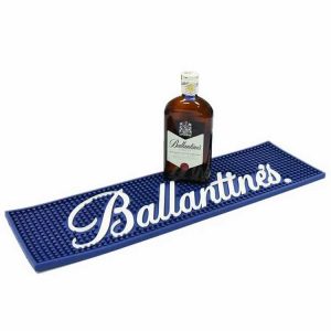 Custom LED bar mat, luminous rubber PVC bar runner with spill drip surface, non-slip rubber base, illuminated logo for whisky brand events, bar counters and spirits retail displays