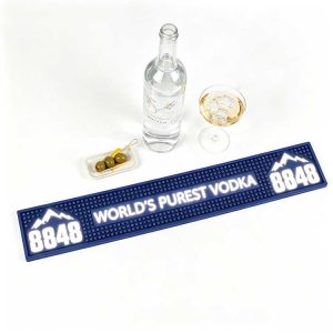 Custom LED Bar Spill Mat Battery Operated Illuminated Waterproof Non-Slip Spill Control Bar Runner, white background product photo, blue silicone 8848 World’s Purest Vodka bar mat with vodka bottle and cocktail glass