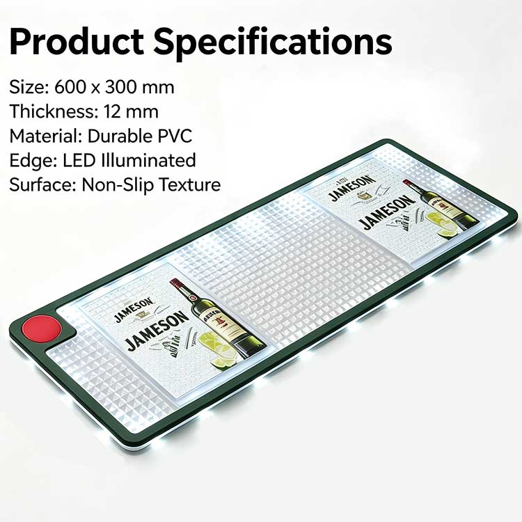 Full Product Specifications Infographic for Custom Logo LED Bar Mat Product specification graphic of Jameson branded LED bar drip runner, lists dimensions 600 x 300 mm, 12mm thickness, durable PVC material, LED illuminated edge and non-slip textured surface for commercial and home bar use