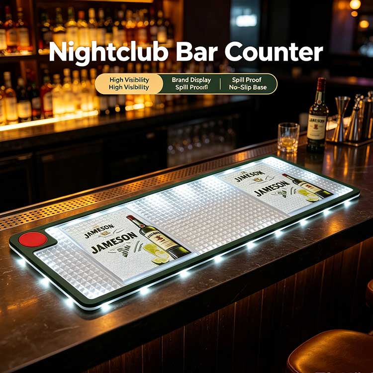 Illuminated Branded LED Bar Mat for Dark Nightclub Bar Counter Decor Commercial nightclub scene of Jameson branded LED bar drip runner laid on dark polished wood nightclub bar counter, glowing LED edge highlights custom whiskey logo, waterproof spill-proof mat for party venue, lounge and nightclub bar stations