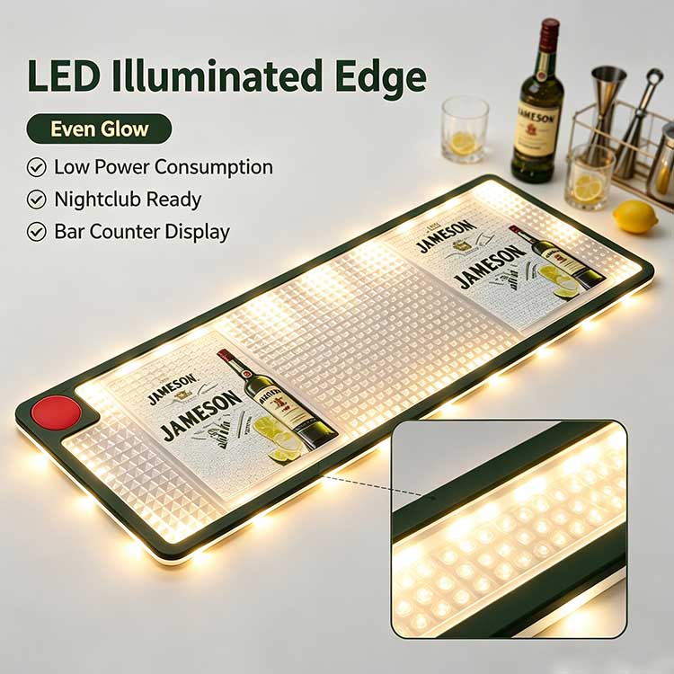 LED Illuminated Even Glow Edge Feature Infographic for Branded Bar Mat Feature infographic of branded Jameson LED bar mat, magnified close-up inset shows bright even LED illuminated edge lighting, text highlights low power consumption, nightclub ready and bar counter brand display functions