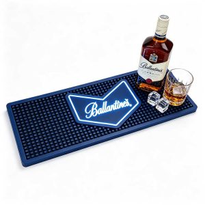 Luminous Bar Mat LED Illuminated Ballantine’s Bar Runner Waterproof Non-Slip Spill Drip Mat, white background product shot, glowing Ballantine’s logo silicone bar drip mat with whiskey bottle and crystal ice tumbler