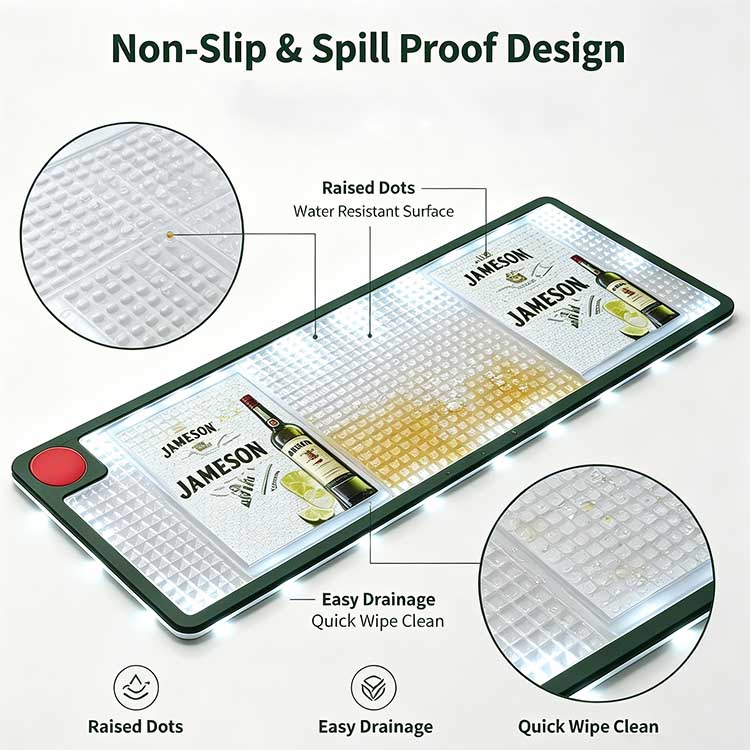 Non-Slip Spill Proof Raised Dot Drainage Texture Feature Diagram Labeled feature infographic of Jameson branded LED bar drip runner, dual magnified circular insets display raised dot non-slip texture and liquid drainage channels, marks waterproof surface, easy drainage and quick wipe clean performance