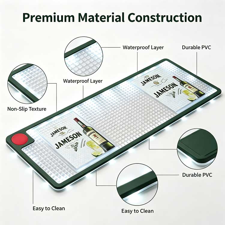 Premium Multi-Layer PVC Material Construction Breakdown Diagram Material structure infographic of Jameson branded LED bar mat, circular magnified cutaway insets show non-slip texture, waterproof protective layer and thick durable PVC edge construction, all surfaces easy to wipe clean