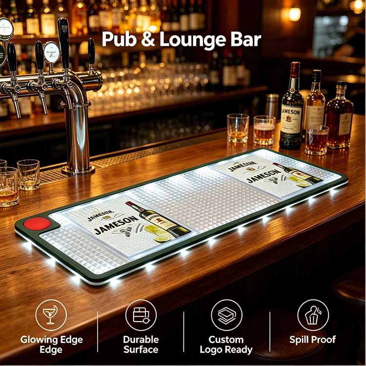 Waterproof Illuminated Bar Drip Runner for Classic Wood Pub & Lounge Bars Traditional Irish pub wooden bar counter scene with Jameson branded LED illuminated bar mat, LED edge lighting highlights whiskey logo under warm pub ambient light, non-slip spill-proof PVC runner for pub, lounge and taproom commercial bar service stations