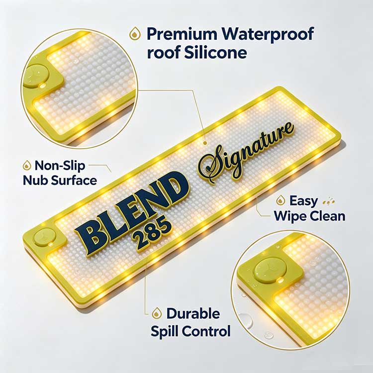 blend-285-custom-led-bar-runner-premium-waterproof-non-slip-silicone-material-infographic BLEND 285 Custom Glow Bar Runner waterproof non-slip silicone material feature infographic