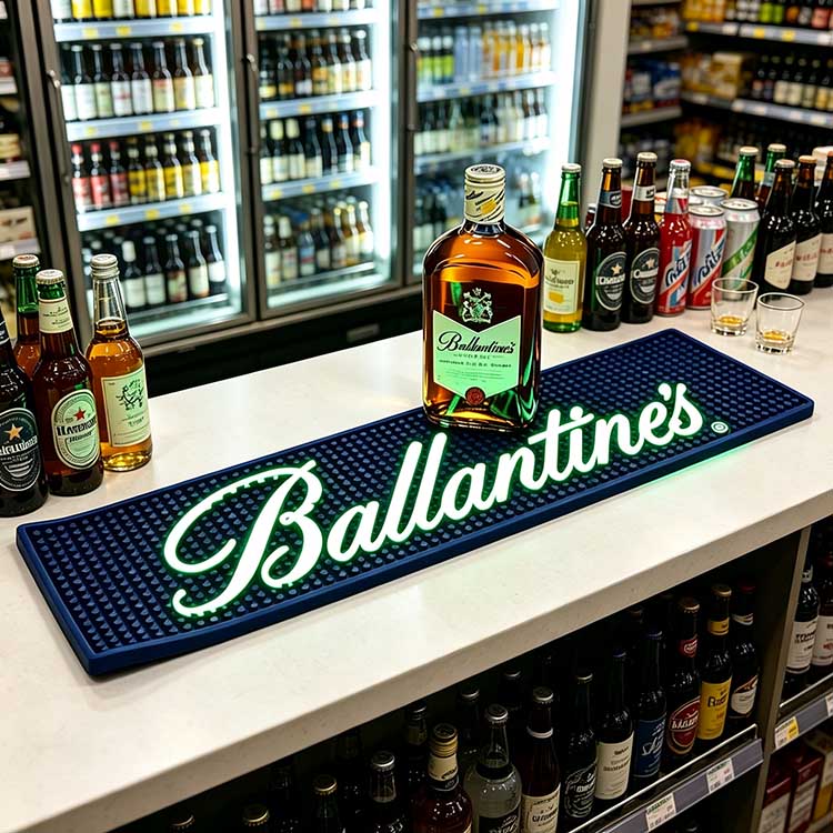 custom-brand-led-bar-mat-oem-odm-luminous-spirits-bar-runner OEM ODM custom brand LED bar mat, luminous illuminated logo bar runner, spill proof drainage PVC, non-slip rubber base for spirit brand launch and bar counter advertising