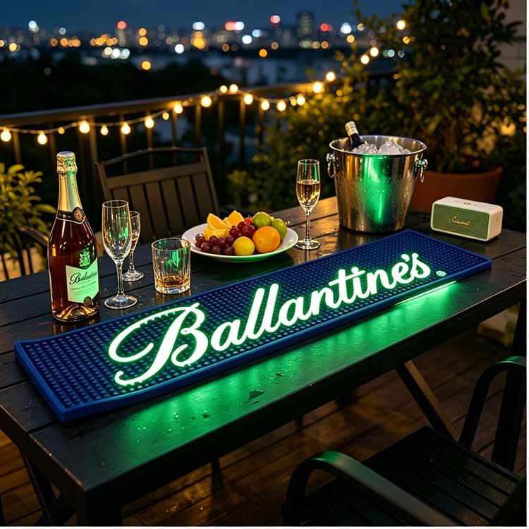 custom-deep-blue-led-bar-mat-luminous-rubber-pvc-bar-runner-whisky-bottle-display Custom deep blue LED bar mat, luminous rubber PVC bar runner, spill drip surface, non-slip rubber base, illuminated logo with whisky bottle size reference for bar counter display