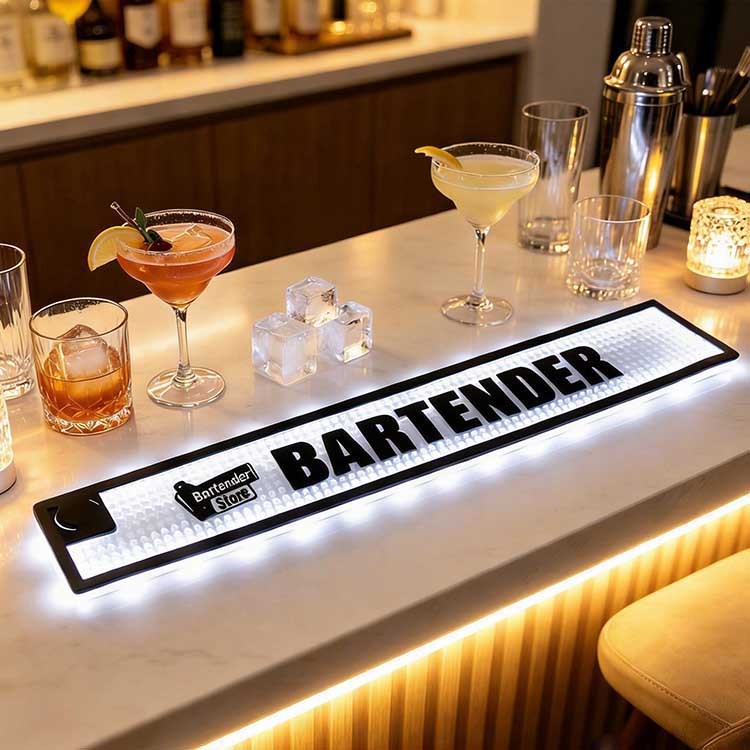 custom-logo-led-bar-runner-waterproof-drip-mat-on-wood-bar-counter-beer-bottle-decor Custom Logo LED Bar Runner Waterproof Illuminated Bar Drip Mat laid on wooden pub counter with craft beer bottles, glowing silicone bar mat for commercial beverage bar