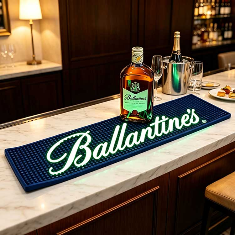 deep-blue-led-bar-mat-pure-product-white-background-luminous-bar-runner Deep blue LED bar mat, luminous rubber PVC bar runner, spill proof drainage surface, non-slip base, illuminated custom logo for bars and brand promotion
