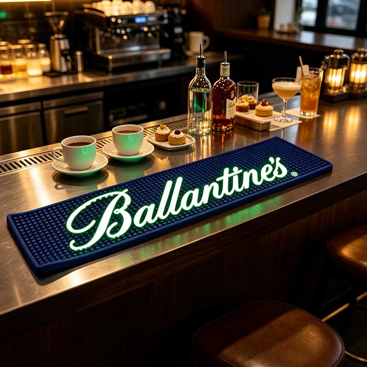 glow-in-dark-custom-logo-led-bar-mat-waterproof-bar-runner Illuminated glow led bar mat with personalized brand logo, waterproof spill drip PVC surface, heavy anti-slip rubber base for night club, lounge and whisky pop-up display