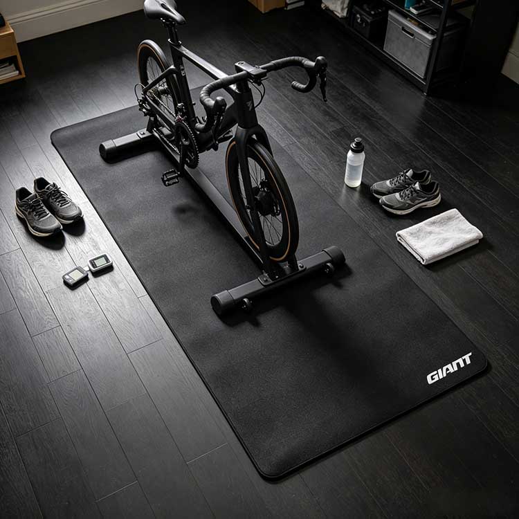 Home Cycling Floor Protection Mat Indoor cycling mat placed on a dark wood floor, protecting it from sweat, oil, and bike scratches.