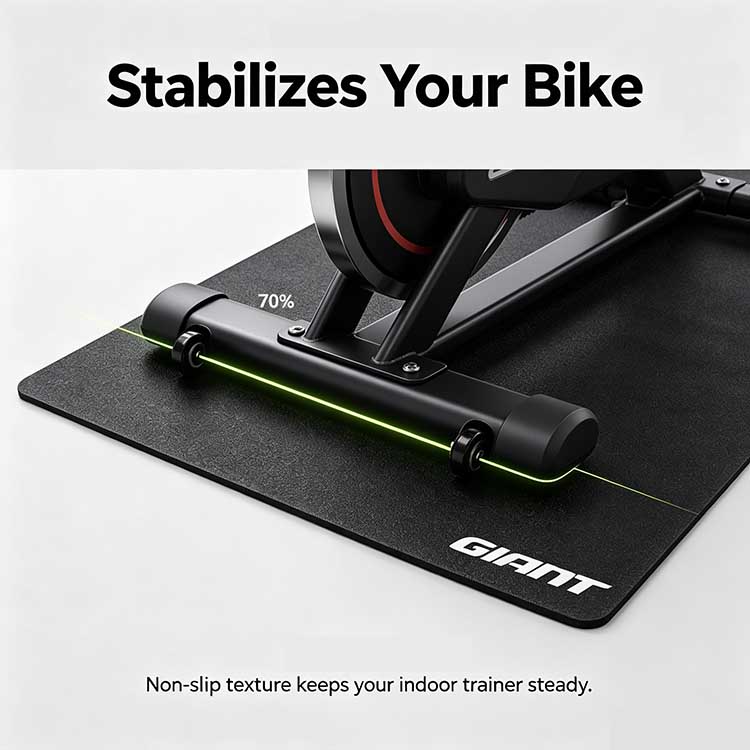 High-Traction Non-Slip Cycling Mat Non-slip indoor cycling mat providing mechanical anchoring for a bike during high-wattage intervals.