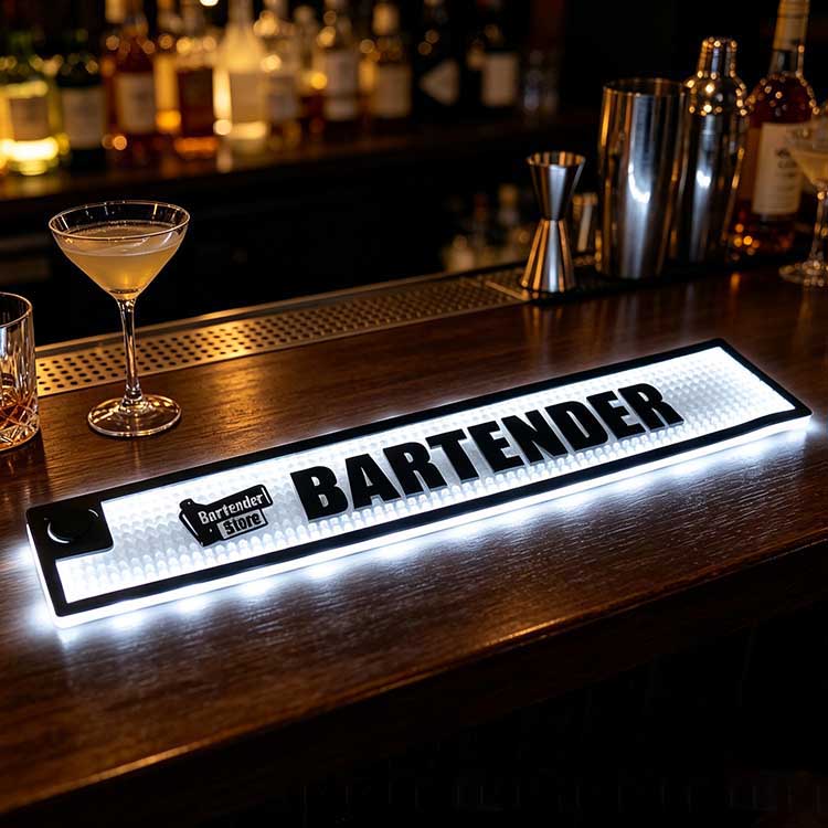 light-up-waterproof-led-bar-runner-bartender-glowing-bar-mat-champagne-bottle-decor Light Up Waterproof LED Bar Runner Bartender Illuminated Bar Drip Mat, glowing silicone bar mat with champagne bottle decor for night club pub home cocktail bar display