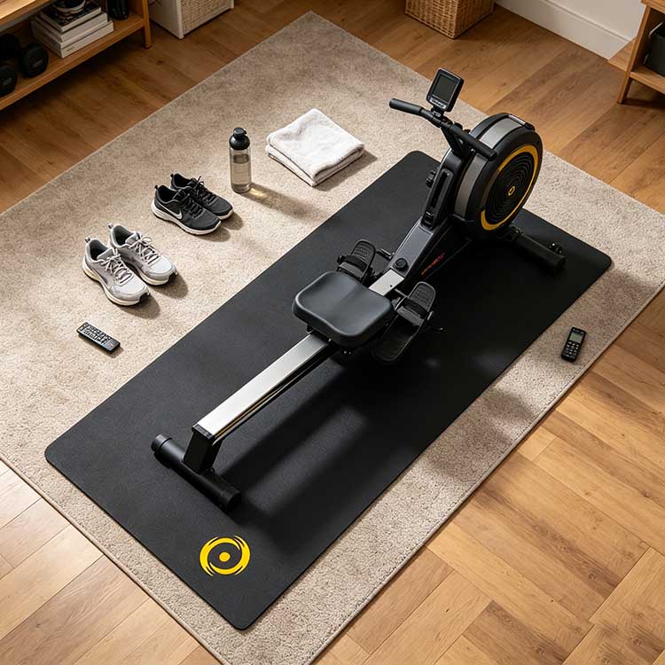 Home Gym Recumbent Bike Floor Mat Recumbent bike mat placed on carpet and hardwood floors, protecting the home interior from sweat and equipment damage.
