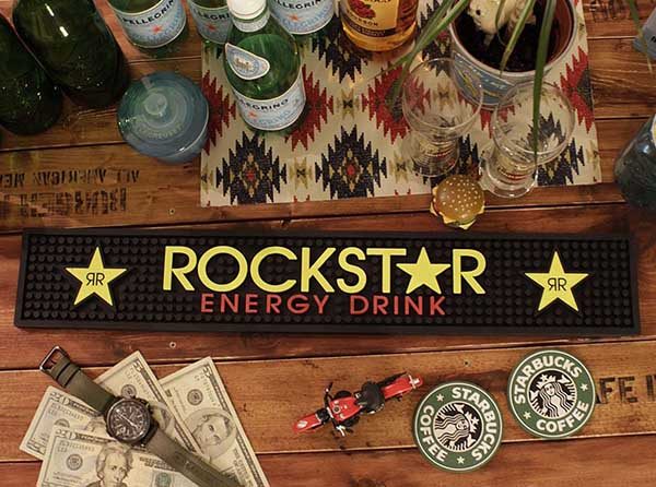 Energy Drinks Promotion Gifts Taverns, Bars and Nightclubs Custom PVC Rubber Bar Rail Mat Spill Runner Coaster Bar Mats For Sale