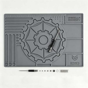 Vertical tool slots on an airsoft armorer's mat organizing screwdrivers and Allen keys.