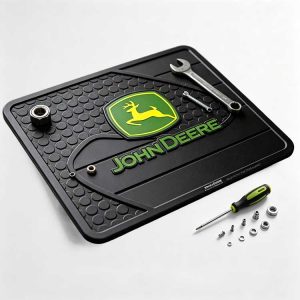 John Deere maintenance mat with non-slip studs and sorting tray for farm hardware.