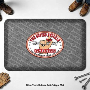 Ultra-thick 19mm rubber anti-fatigue mat with custom logo and industrial grip pattern for workshop protection.