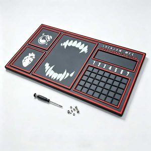 EDC work mat featuring a heavy-duty 6mm thick rubber base that stays non-slip on a wooden workbench.